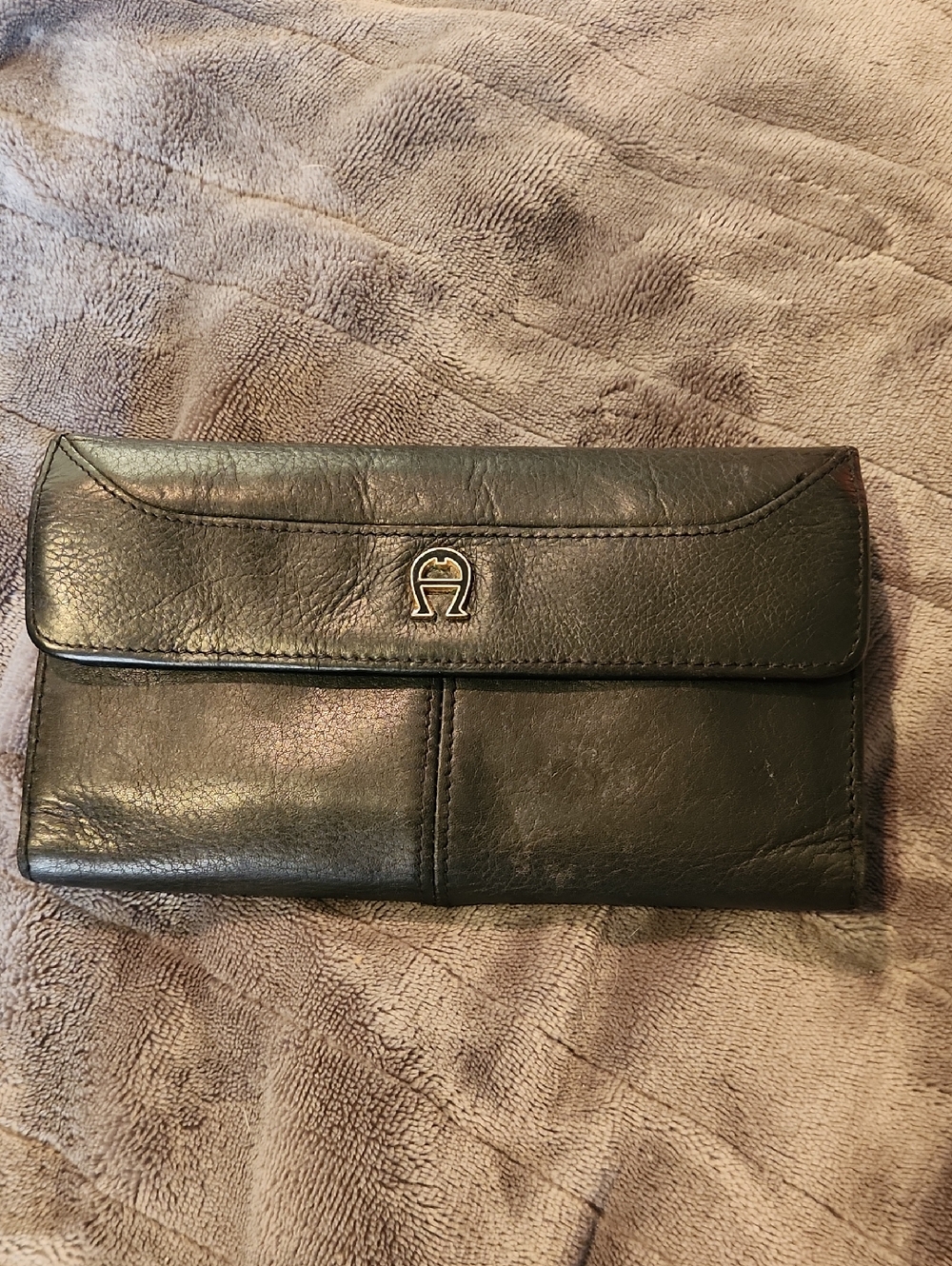 Black Leather Etienne Aigner Clutch Wallet with Metal Logo